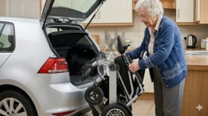 A sequence of motion blur and ghosted outlines illustrating the folding mechanism of the powerchair in action, demonstrating how the chair folds from an upright form into a compact shape.