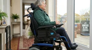 Close-up of a sensitive joystick controller on an electric wheelchair for MS, designed for limited hand dexterity.