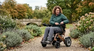 A robust, metallic bronze heavy-duty electric powerchair with all-terrain tyres being used by a woman in a waterproof jacket on a gravel path in a British park.