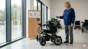 A woman in a UK showroom using a remote control to activate the automatic folding sequence of a black electric wheelchair.