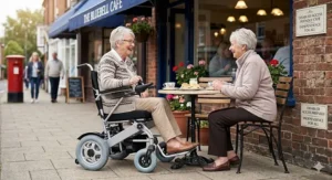 A photorealistic view of an electric wheelchair battery being charged via a standard UK three-pin wall socket in a domestic living room.