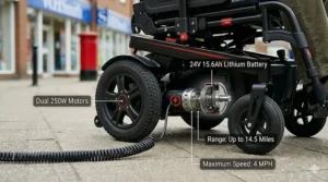 A top-down view showing the compact turning radius of a mid-wheel drive electric wheelchair on a British pavement.