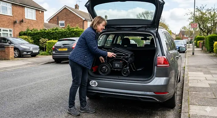 A lightweight folding electric wheelchair being easily lifted into the boot of a compact family car, showing its portable design for UK travel. electric wheelchair that fits in car boot