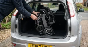 A person carefully placing a folded travel electric wheelchair into the boot of a silver British hatchback car, illustrating its compact portability.