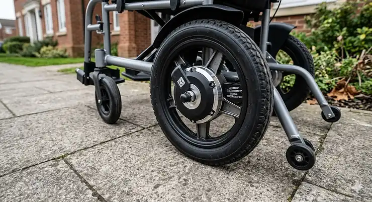 An elderly man using a modern electric wheelchair for elderly users while enjoying a walk in a British park with his wife. electric wheelchair for elderly