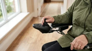 Detailed close-up of a user’s hand operating a joystick controller on a folding electric wheelchair armrest.