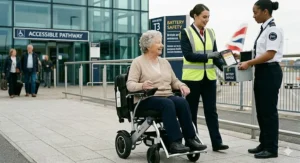 A female member of cabin crew in a professional uniform assisting a passenger by carefully lifting a folded travel powerchair in an aeroplane aisle.