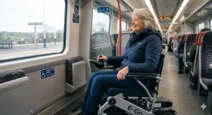 A woman in an electric wheelchair under £1000 positioned in the designated wheelchair space on a UK train.