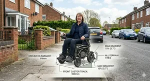 A portable electric wheelchair driving smoothly over a standard UK paved pavement, demonstrating suspension and durability on local gradients.