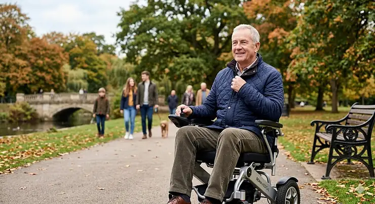 A senior man using a modern electric wheelchair in a classic British park during autumn, representing eligibility for electric wheelchair VAT exempt purchases in the UK. electric wheelchair VAT exempt