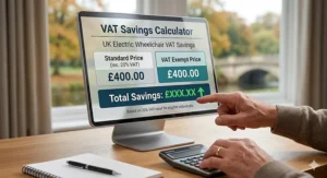 A photorealistic infographic of a digital screen showing a UK Electric Wheelchair VAT Savings calculator, comparing standard prices with VAT exempt prices to show a 20% saving.
