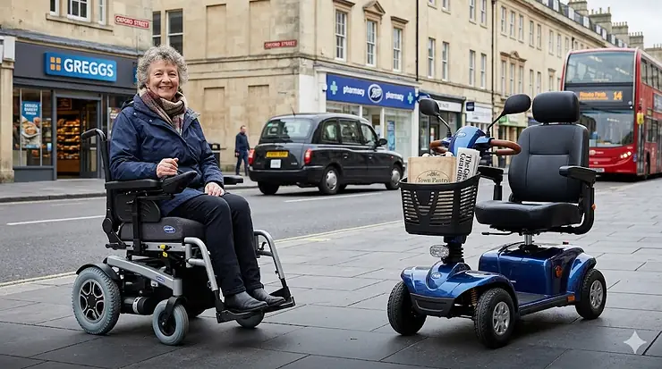 A comparison of an electric wheelchair and a mobility scooter parked side-by-side on a typical British high street. electric wheelchair vs mobility scooter