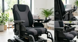 Illustration of the ergonomic padded seating and adjustable armrests on a fast electric wheelchair for long-distance comfort.