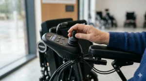 Detailed close-up of a user-friendly joystick controller on a wheelchair armrest, featuring a clear LED speed display for the user.
