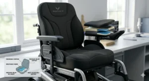 Detailed illustration of the ergonomic padded seat and breathable fabric on a long range electric wheelchair for all-day comfort.