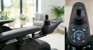 Close-up illustration of a responsive joystick controller on a fast electric wheelchair, showing speed settings and battery indicator.
