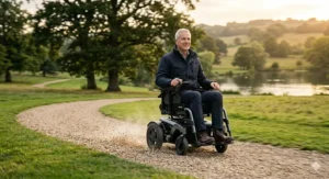 A side profile illustration of a fast electric wheelchair showing motion blur to highlight its top speed capabilities for outdoor use.