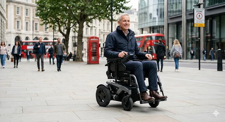 A person using a fast electric wheelchair to travel quickly along a busy London pavement with traditional red buses in the background. fast electric wheelchair