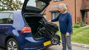 A compact, auto folding electric wheelchair folded and fitting neatly into the boot of a blue UK hatchback car in a residential driveway.