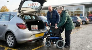 A lightweight folding electric wheelchair for MS being loaded into the boot of a UK car.