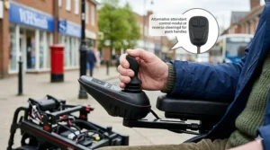 A man loading a lightweight folding electric wheelchair into the boot of a silver hatchback car on a UK street.