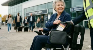 A compact airline approved electric wheelchair being folded down to a portable size, designed to fit easily into the boot of a standard UK hatchback car.