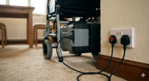 A lightweight folding electric wheelchair for elderly people being placed into the boot of a small silver hatchback car.