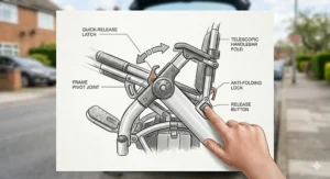 Close-up illustration of the simple one-touch folding mechanism on a portable electric wheelchair for quick storage in a vehicle.