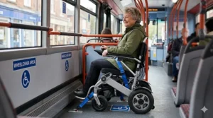 A passenger using a folding electric wheelchair in the designated accessibility area on a British bus.