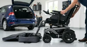An illustration showing a fast electric wheelchair being folded down to fit easily into the boot of a British hatchback car.