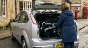 A folding long range electric wheelchair being easily placed into the boot of a silver British hatchback car.