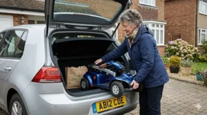 A user folding a lightweight mobility scooter to fit into the boot of a small UK hatchback car.