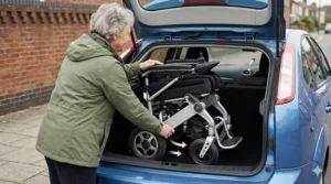 A compact powerchair being folded and placed into the boot of a blue hatchback car on a British residential street.