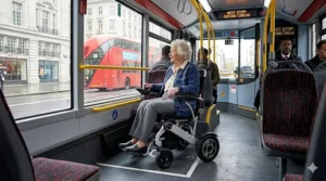 An elderly woman seated in her light-grey powerchair positioned securely in the dedicated wheelchair space on a modern London bus, looking out at a typical wet London street scene.
