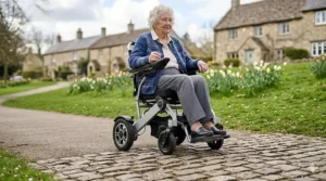 A powerchair negotiating an uneven cobblestone section of a paved pathway in a British suburban park, framed by blooming daffodils and traditional stone cottages.