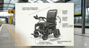 A folded electric wheelchair stored safely in the luggage rack of a UK train, highlighting its versatility for commuters and travellers.