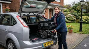 A lightweight or folding rear wheel drive powerchair being loaded into the boot of a typical British hatchback car.
