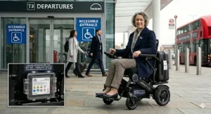 Ground staff and cabin crew at a UK airport terminal conducting a battery safety check on an airline approved electric wheelchair near an accessible entrance.