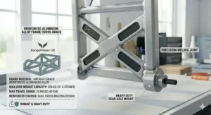 A technical graphic illustrating the reinforced aluminium frame and maximum user weight capacity for a long range electric wheelchair.