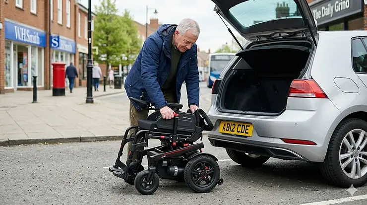 A man using a modern electric wheelchair on a British high street with a red post box and classic UK storefronts in the background. how to choose electric wheelchair