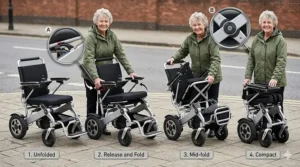 A photorealistic step-by-step illustration showing the folding mechanism of a silver electric wheelchair on a pavement.