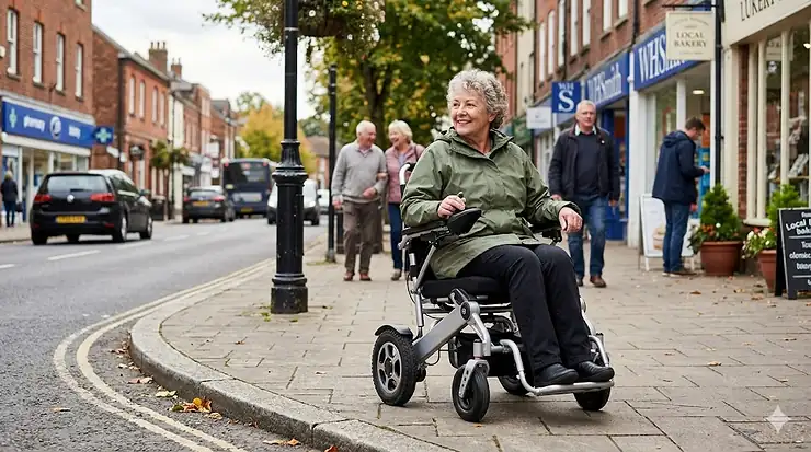 A person using a lightweight folding electric wheelchair on a paved British high street, showing its compact design. folding electric wheelchair
