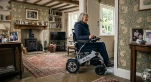 A manoeuvrable electric wheelchair under £1000 navigating a narrow doorway inside a traditional British cottage.