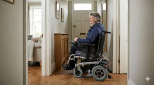 A compact electric wheelchair easily navigating a narrow hallway inside a modern British house.