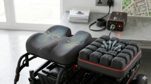 A comparison showing an electric wheelchair in a British living room and a rugged powerchair on a coastal path.