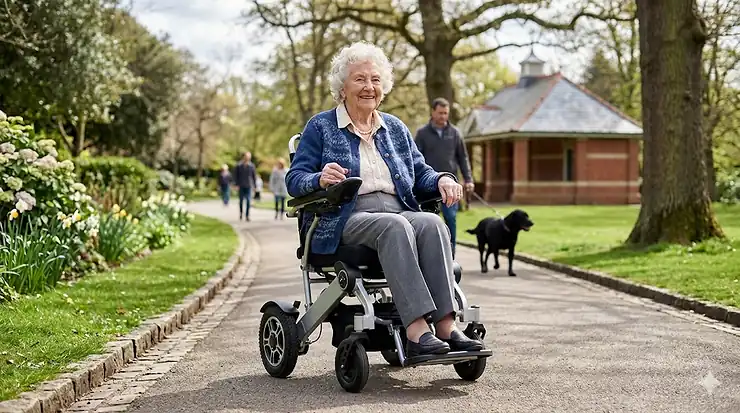 A smiling elderly woman using a lightweight folding powerchair on a paved path in a British park, with a brick pavilion and a person walking a dog in the background. lightest folding powerchair