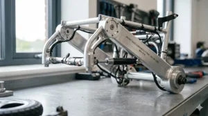 A close-up engineering view of a lightweight aircraft-grade aluminium alloy frame for a powerchair, featuring a Made in UK label.