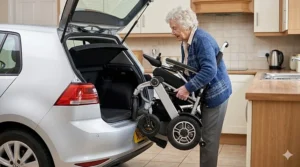 A photorealistic photograph showing an elderly woman easily lifting the folded light-grey powerchair frame with one hand into the open boot of a silver hatchback car, showcasing the manageable weight.