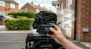 Close-up of a lithium-ion battery being docked into a folding electric wheelchair chassis, featuring a standard UK three-pin plug for charging.