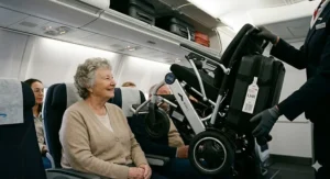 Close-up of a removable lithium battery on a powerchair, clearly displaying a flight safety label to show it is an airline approved battery.